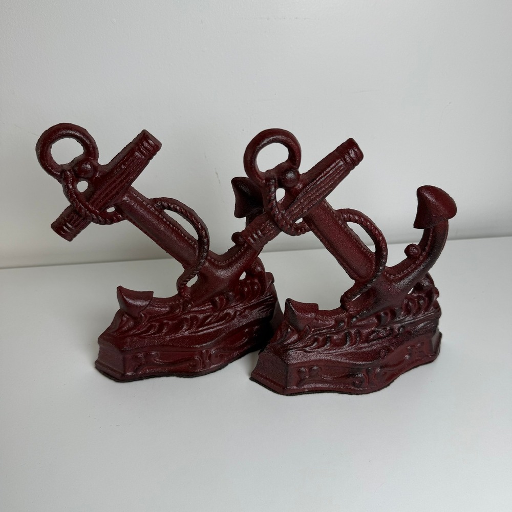 Anchor Bookends Nautical Cast Iron Set 2 Burgundy Red Coastal Decor